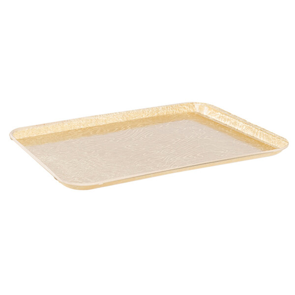 A rectangular white tray with a gold trim.