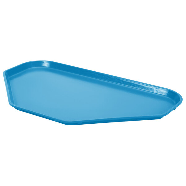 A blue fiberglass trapezoid tray from MFG Tray.