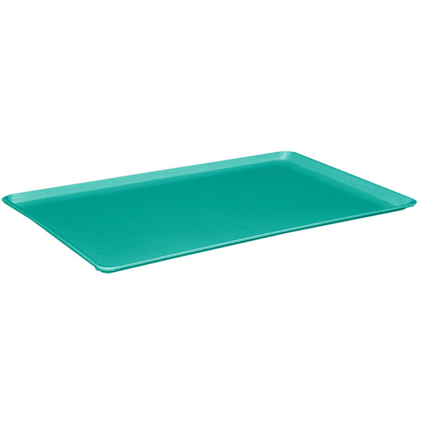 A mint green rectangular fiberglass dietary tray.