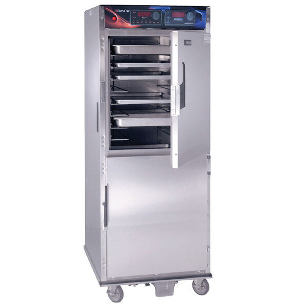 A stainless steel Cres Cor Quiktherm rethermalization oven with trays inside.
