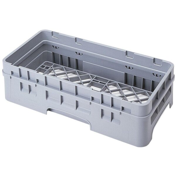 A grey plastic Cambro Camrack open base rack with a grid and holes.