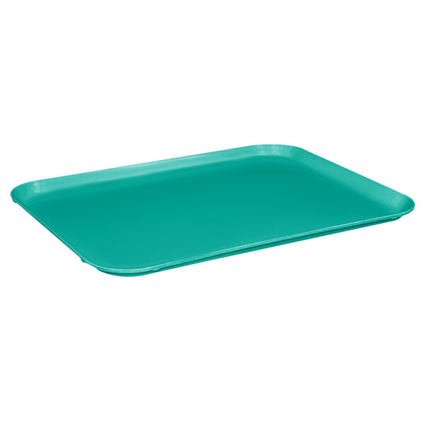 A mint green fiberglass cafeteria tray on a table.