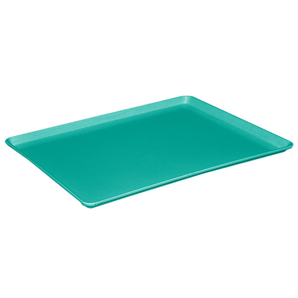 A mint green rectangular fiberglass dietary tray.
