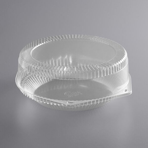 A clear plastic Choice hinged pie container with a high dome lid.