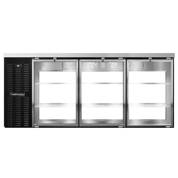 A black rectangular Continental Back Bar Refrigerator with three glass doors.