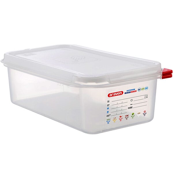 An Araven translucent polypropylene food pan with airtight red lid.