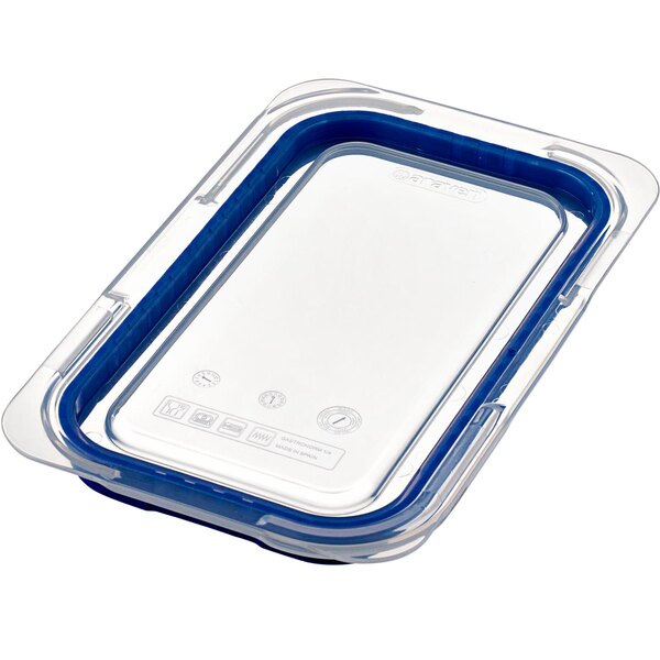 A clear Araven polypropylene food pan lid with blue trim.