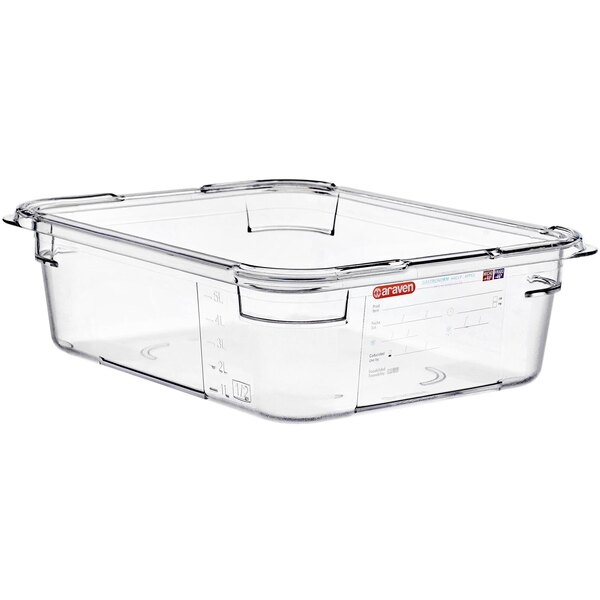 An Araven clear plastic food pan with a lid.