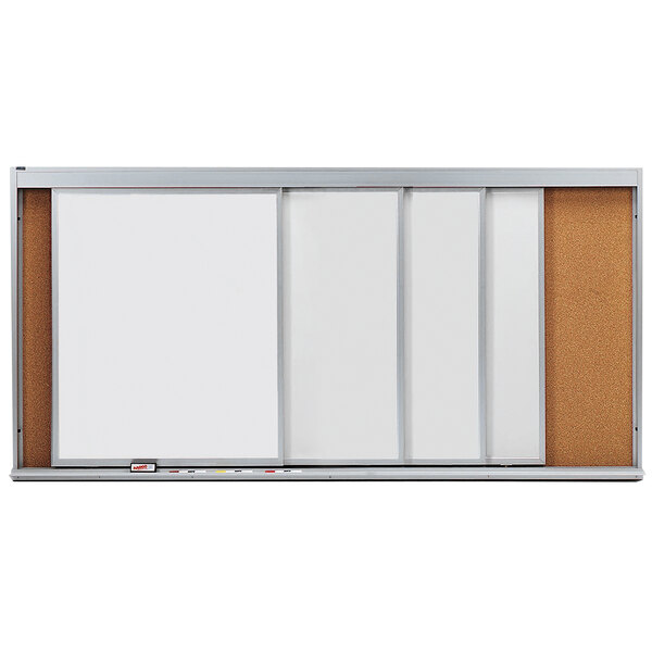A white rectangular cork board with a silver frame and 4 white horizontal sliding marker boards.