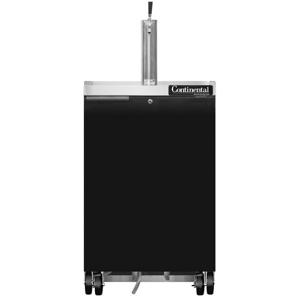 A black and silver Continental Refrigerator beer dispenser with wheels.