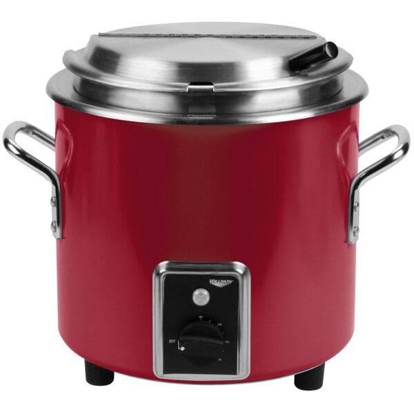A red and silver Vollrath retro stock pot kettle rethermalizer with a stainless steel lid.