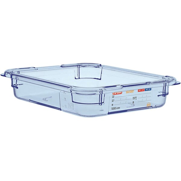 An Araven blue plastic food pan with a lid.