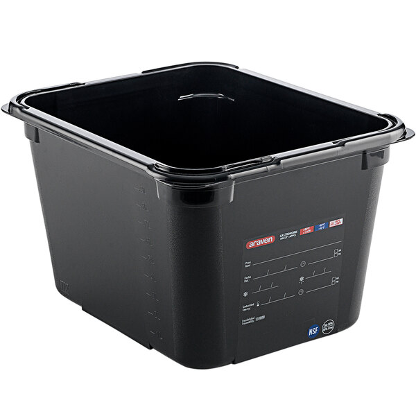 An Araven black plastic food pan with a lid on it.