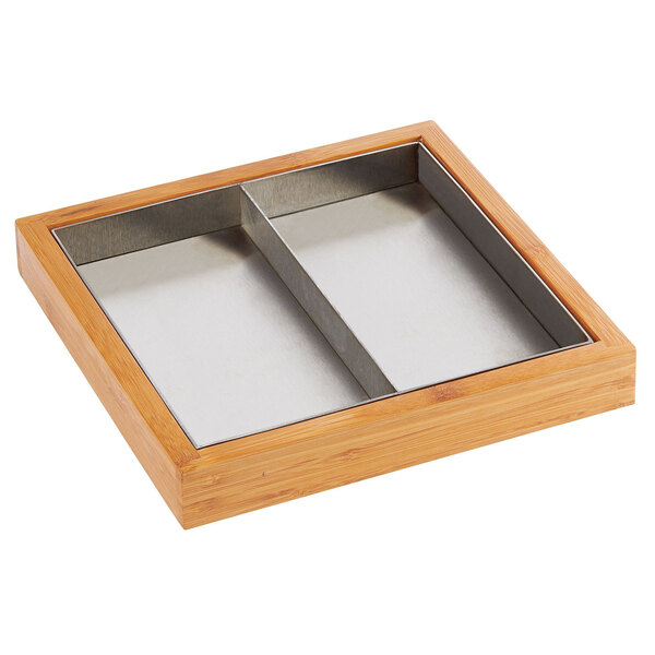 A bamboo tray with a stainless steel insert.