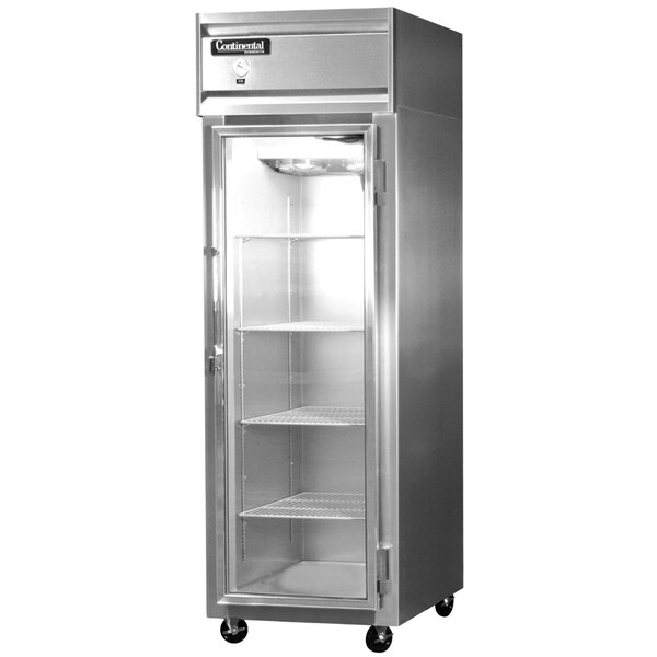 A Continental Refrigerator reach-in freezer with glass doors and shelves.