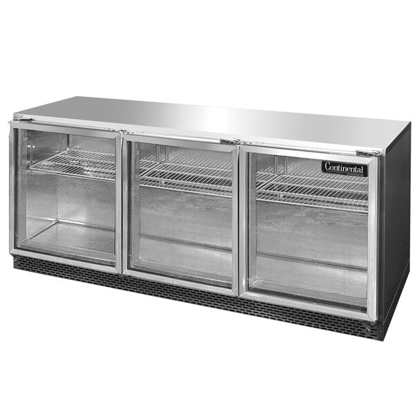 A stainless steel Continental Refrigerator with glass doors.