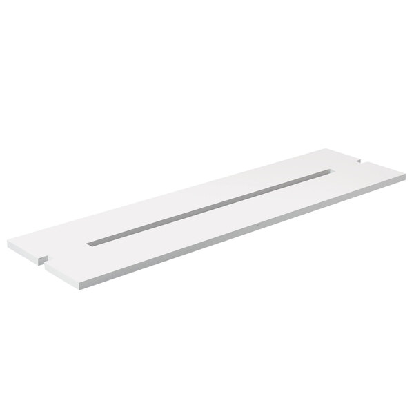 A white rectangular display shelf with a white strip on the edge.
