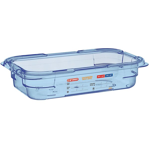 An Araven blue ABS plastic food pan with lid on a counter.