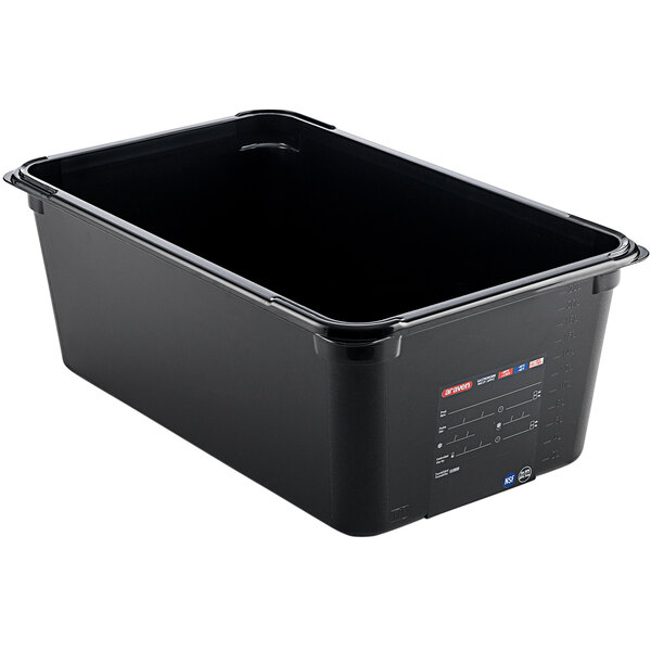 An Araven black rectangular plastic food pan with a lid.
