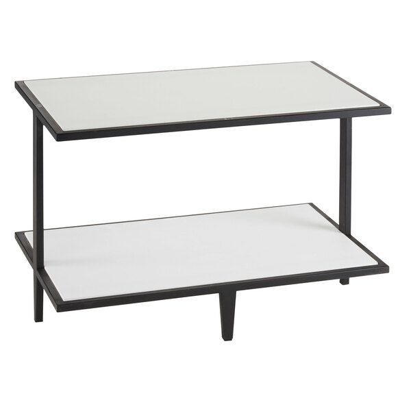 A white rectangular display riser with a black border on top with two shelves.