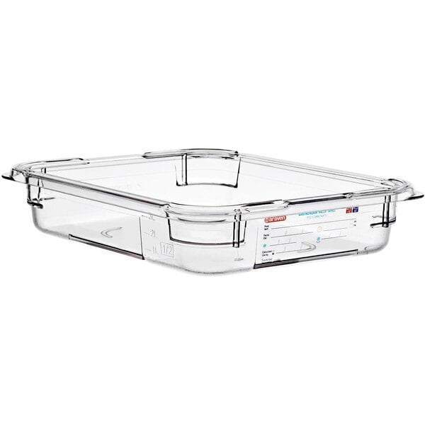 An Araven clear polycarbonate food pan on a counter.