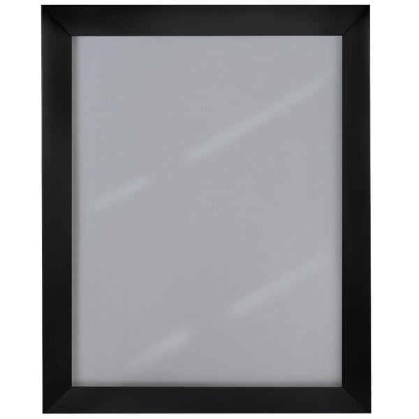 A black Aarco snap frame with mitered corners holding a white sign.