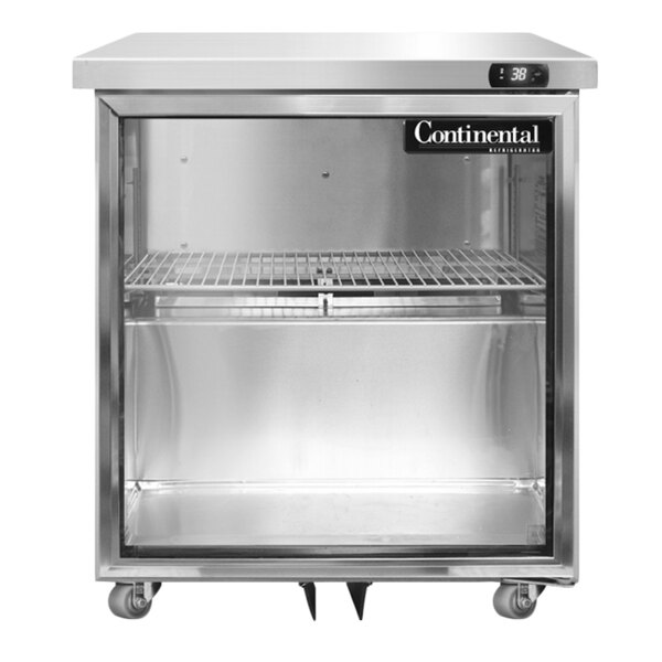 A Continental Refrigerator undercounter refrigerator with a glass door on a counter.