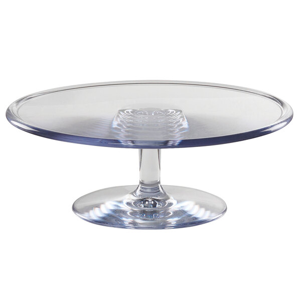 A clear polycarbonate footed pedestal cake stand.