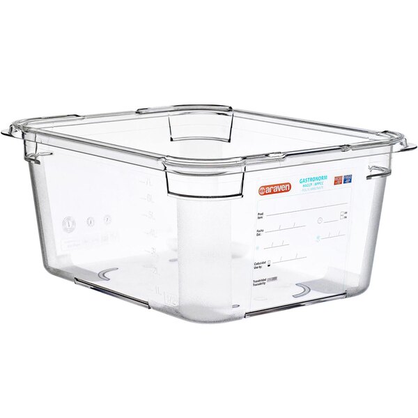 An Araven clear plastic food pan with a clear lid.