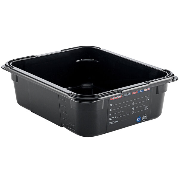 An Araven black plastic food pan on a counter.