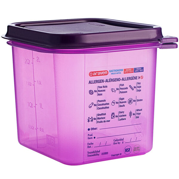 An Araven purple plastic food pan with a black lid.
