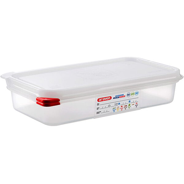 A clear plastic Araven food pan with a red lid.