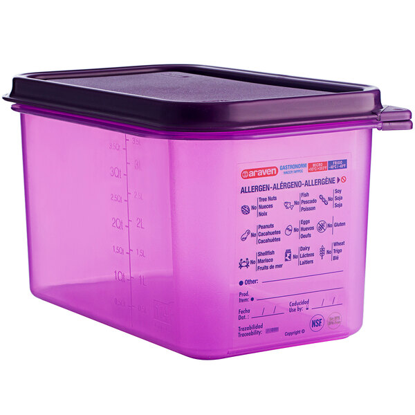 A purple Araven plastic food pan with airtight lid.