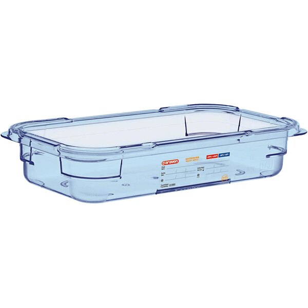 An Araven blue ABS plastic food pan with lid.