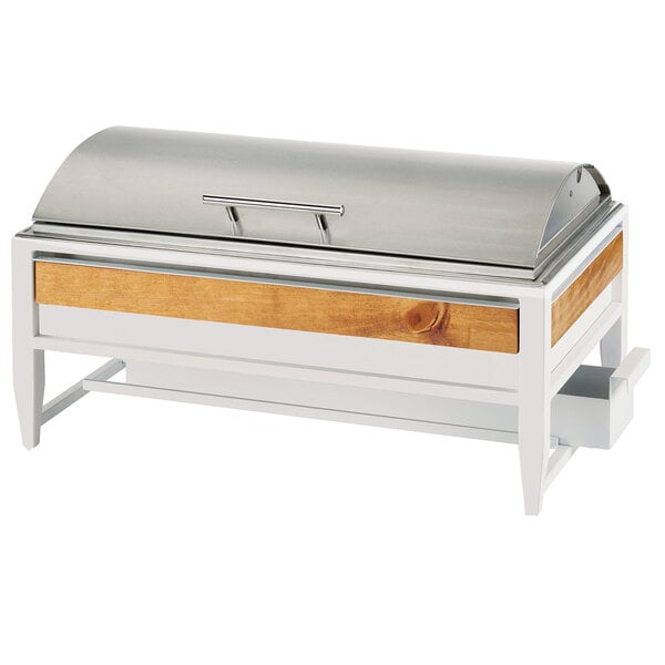 A white and wood Cal-Mil Monterey chafing dish with a silver metal handle.
