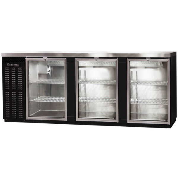 A black Continental Back Bar Refrigerator with three glass doors.