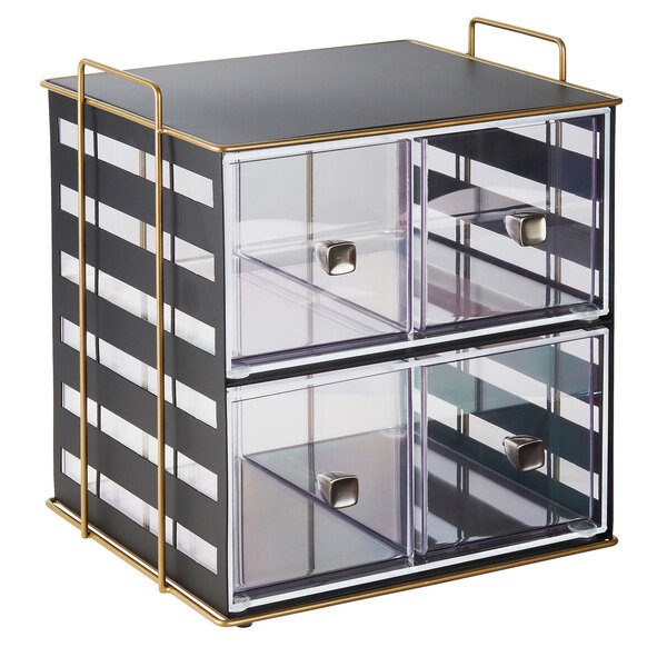 A black metal 2-tier storage box with clear drawers.