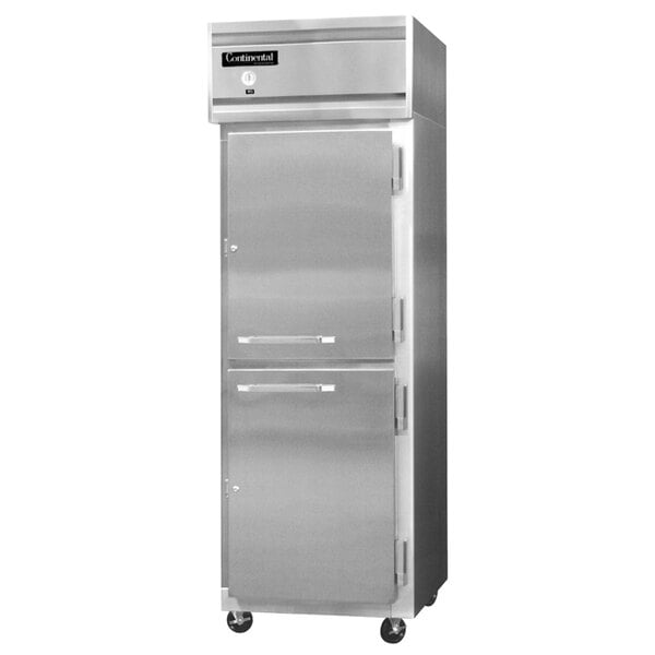 A Continental Refrigerator stainless steel reach-in freezer with two half doors.