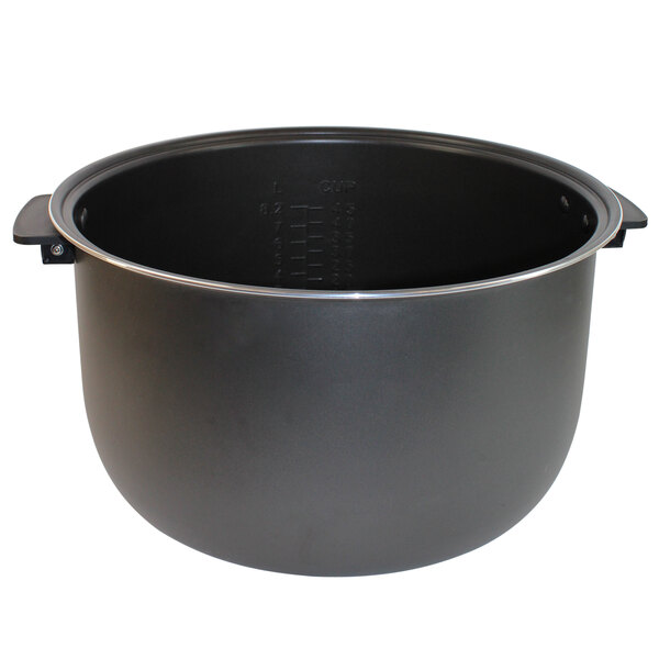 A large black non-stick pot with a lid.