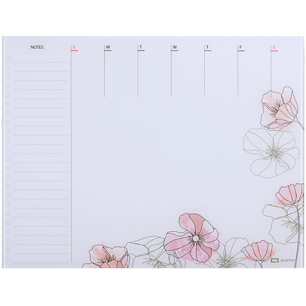 A white calendar with pink flowers on it.
