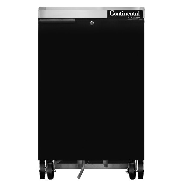 A black rectangular Continental Back Bar Refrigerator with wheels.