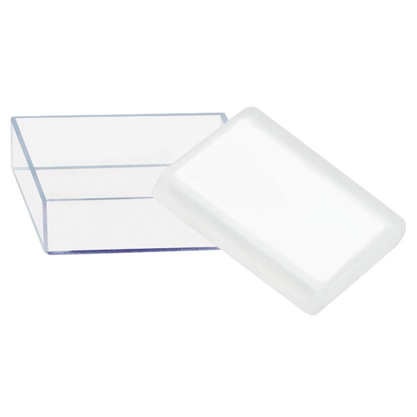 A clear plastic box with a white rectangular base inside.