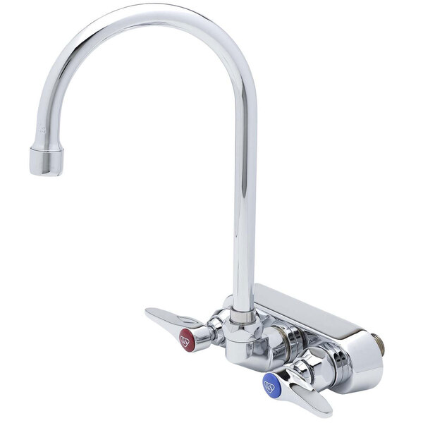 A T&S polished chrome wall mount workboard faucet with two faucets and a gooseneck spout.