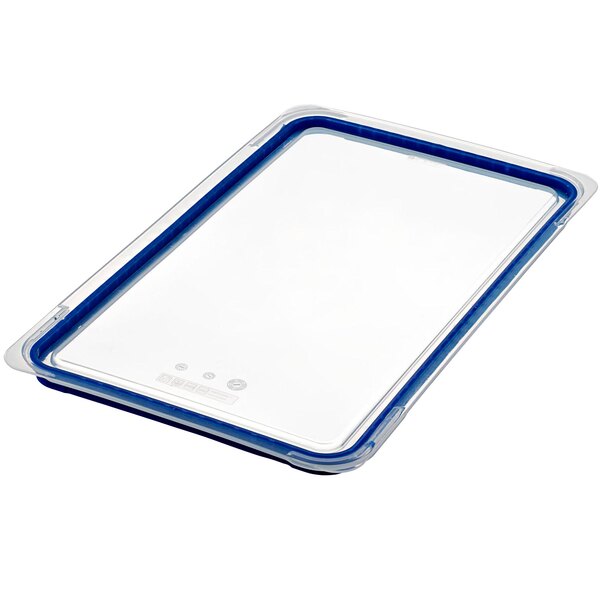 A rectangular plastic container with a clear lid and blue trim.
