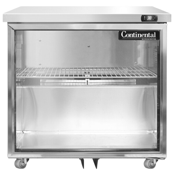 A Continental Refrigerator stainless steel undercounter refrigerator with a glass door.