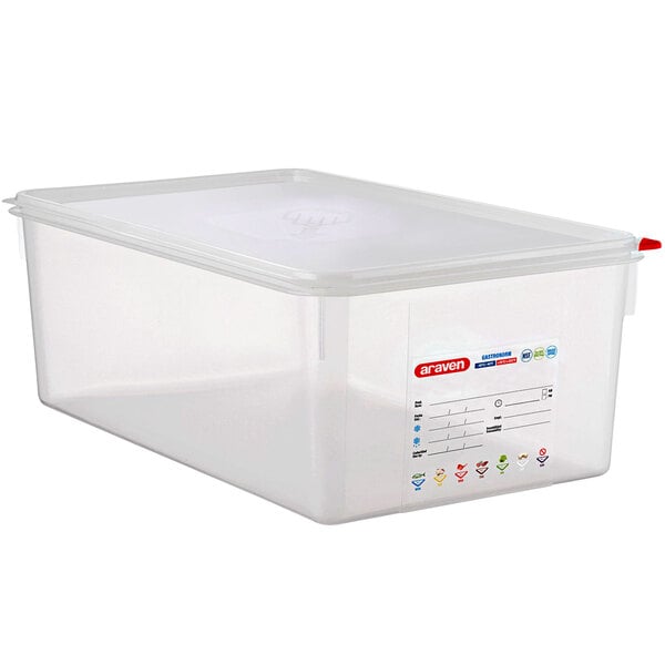 An Araven translucent plastic food pan with airtight lid.