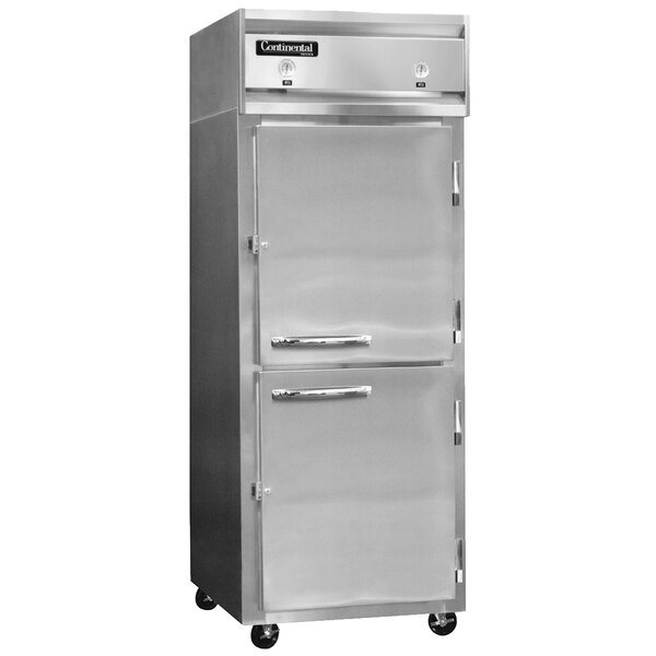 A Continental Refrigerator stainless steel dual temperature reach-in refrigerator/freezer with solid half doors.