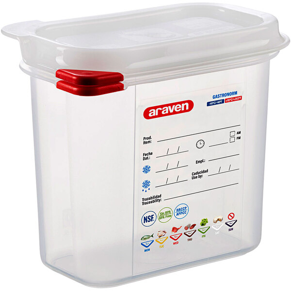 An Araven translucent plastic food pan with airtight lid.