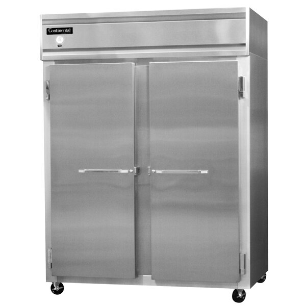A Continental Refrigerator stainless steel reach-in freezer with two solid doors.