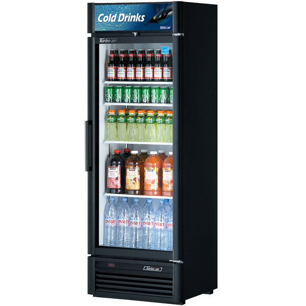 A Turbo Air black refrigerated merchandiser with drinks on shelves.